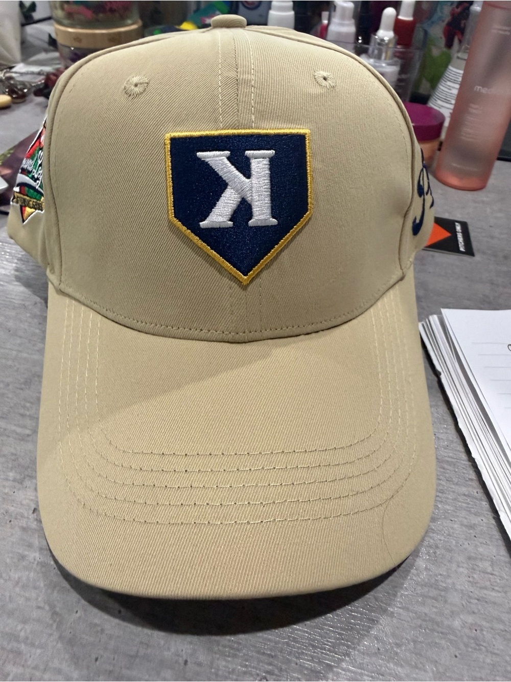 Kids Beige Baseball Cap with Navy Shield Emblem